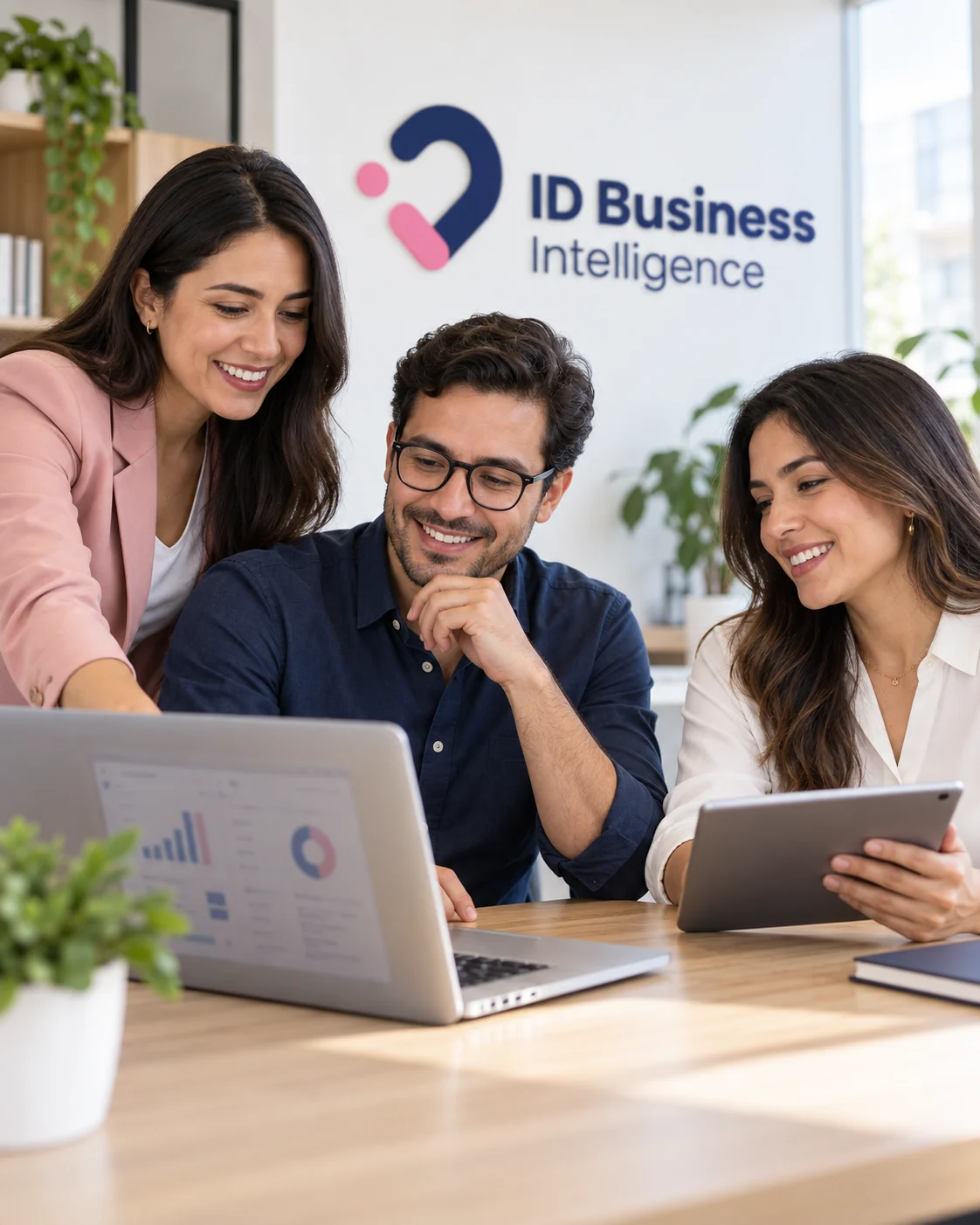 Escena ilustrativa de un equipo colaborando con tecnología y la marca ID Business Intelligence